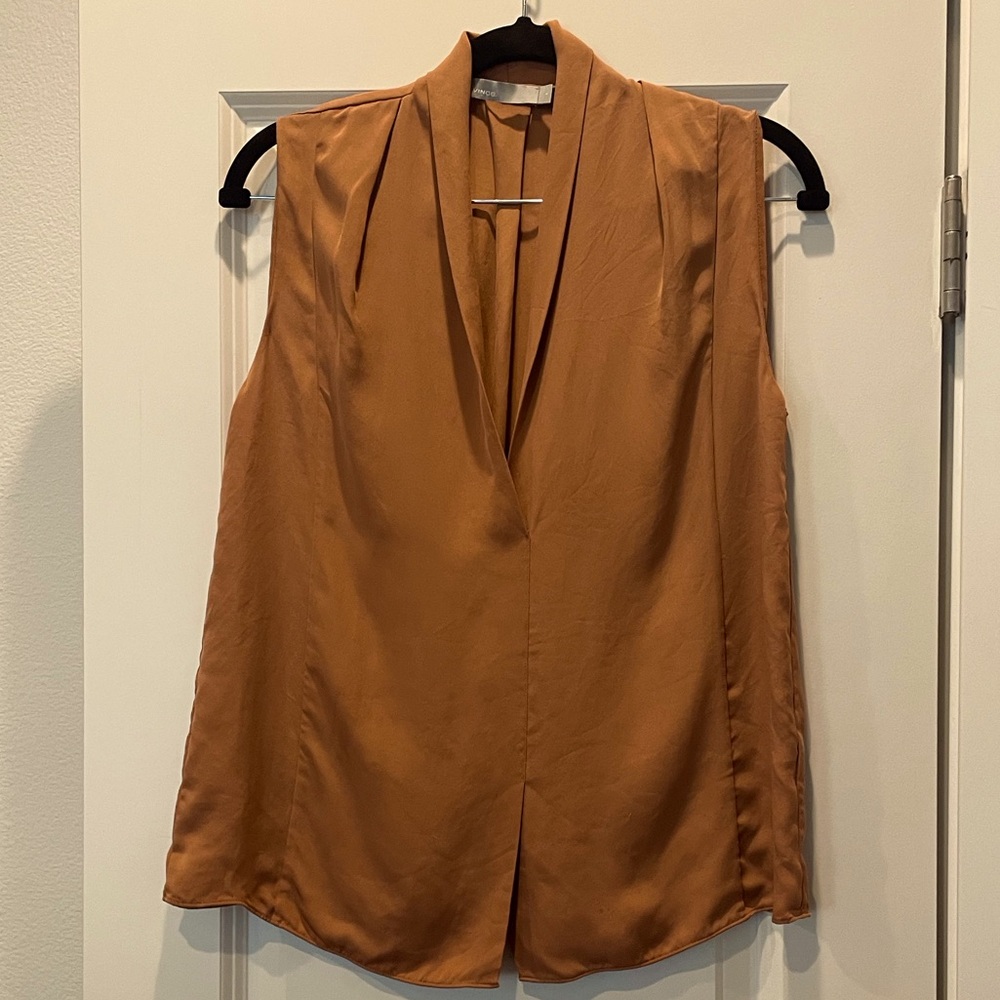 Vince Sleeveless Pullover Silk Blouse, Copper color, Size Small
